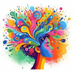 vibrant and colorful illustration of a person with their eyes closed and a peaceful expression, surrounded by an explosion of colors and shapes emanating from their head
