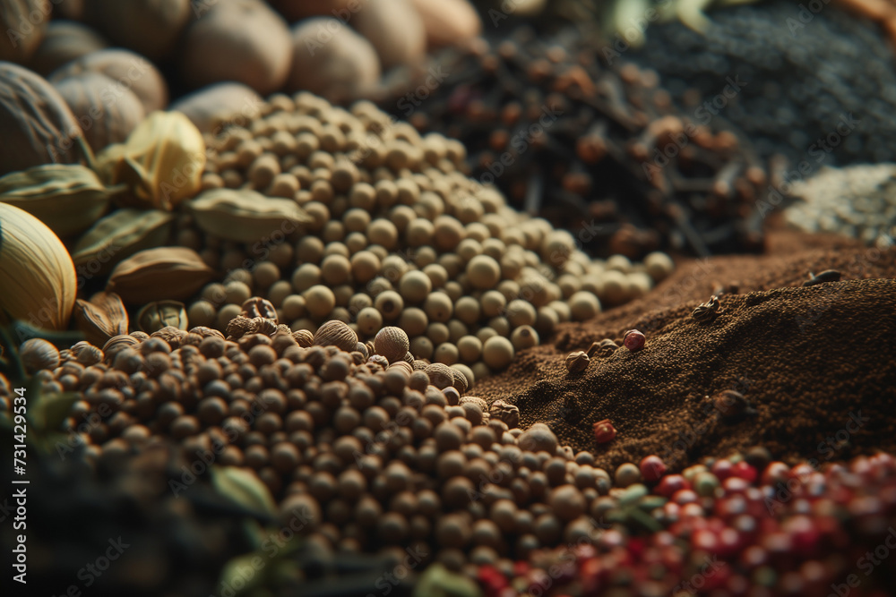 Wall mural close-up of various spices and herbs with detailed texture, showcasing the vibrant colors and rich a