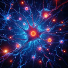 vibrant and colorful representation of neurons illuminated in a deep blue hue, highlighting their intricate structures
