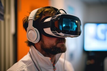 Man Exploring Virtual Worlds with VR Headset, A man engrossed in exploring virtual worlds, equipped with a VR headset and headphones for an enhanced experience.