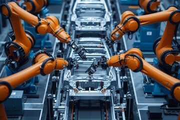 Automated Robotic Arms in Car Manufacturing, A series of automated robotic arms work in concert on...