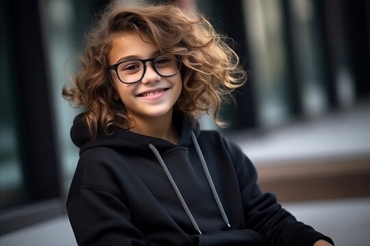 Portrait Of A Beautiful Girl With Curly Hair Wearing Black Coat And Glasses