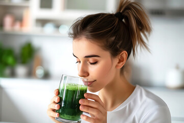 Young Woman Enjoying a Glass of Green Smoothie. A young woman with her hair tied back is smelling and about to sip a fresh, green-colored drink held in her hands. Horizontal photo