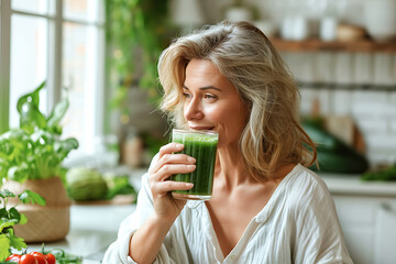 Mature Woman Sipping Water-Dissolved Spirulina. A mature woman with a soft smile and blonde hair enjoys a glass of green spirulina drink in a sunlit kitchen full of plants. Horizontal photo