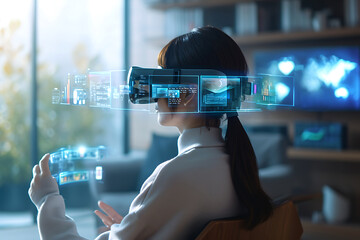 High-Tech Virtual Interface Experience. A woman interacts with a futuristic augmented reality interface, manipulating virtual screens with precision hand gestures. Horizontal photo