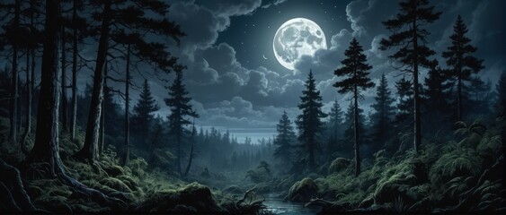 Night forest illustration: Dark, lush trees, hidden moon - obrazy, fototapety, plakaty