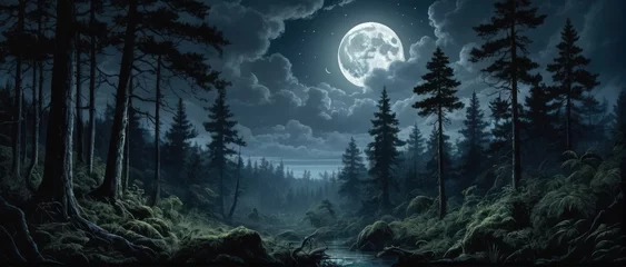 Papier Peint photo Forêt des fées Night forest illustration: Dark, lush trees, hidden moon