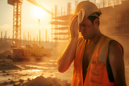A construction worker wiping sweat from his forehead with a cloth in hot weather. 