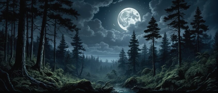Night forest illustration: Dark, lush trees, hidden moon