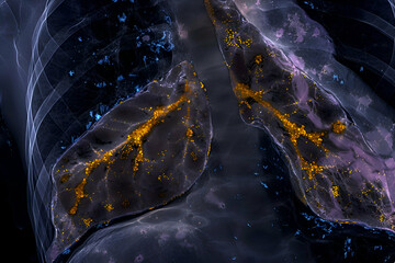 Obraz premium Illustration of MRI scan image of lungs with fibrosis highlighting the fibrotic changes and structural abnormalities.