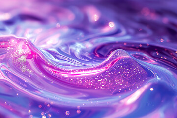 Luminous Swirling Viscous Substance with Glitter. Glossy, thick texture with a combination of purple and pink hues and scattered glitter flecks. Horizontal photo