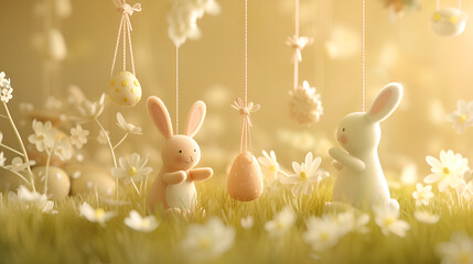 easter egg hung by bunnies is sitting in a grassy field, Generative AI