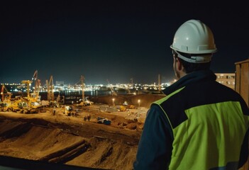 worker in safety gear observing a construction site at night.