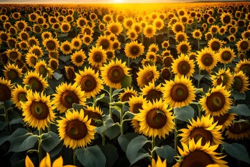 A field of sunflowers stretching towards the horizon, their bright yellow petals following the sun's path across the sky.