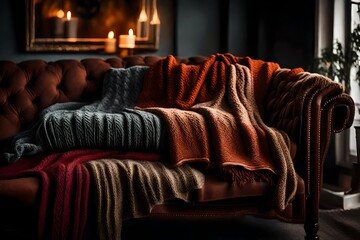 A stack of knitted blankets in rich, warm colors, piled high on a plush couch, inviting coziness on a winter evening.