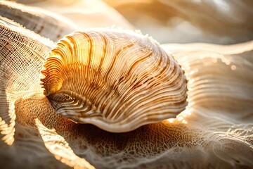 Intricate patterns on a delicate seashell, highlighted by soft sunlight.