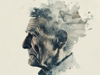 A concept of captivating poster features a collage of an elderly man struggling with memory loss