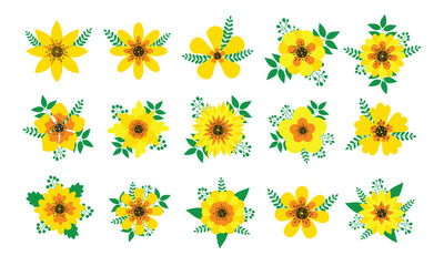 Set of yellow flowers, spring collection. Floral vector illustration for sticker, gift wrapping paper, tag