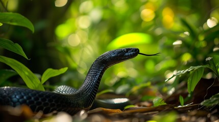 In the heart of a dense jungle, a black cobra slithers gracefully through the foliage, its scales glistening under the dappled sunlight. 