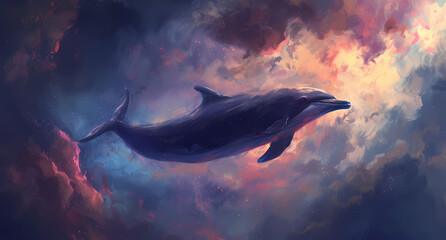 dolphin whale in a cloudy sky - obrazy, fototapety, plakaty