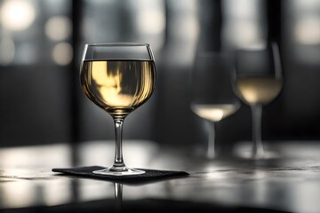 An empty white wine glass on a coaster, reflecting ambient light.