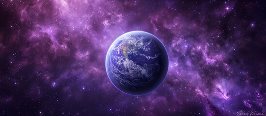 A stunning planet resembling Earth found amidst a mesmerizing purple space with numerous stars, a celestial finding in the vast universe.