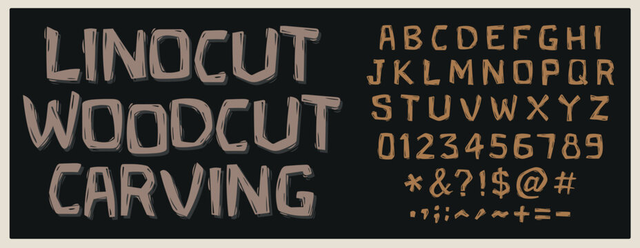 Vintage woodcut typographic font. Highly detailed individually textured characters with an aged vintage linocut print texture. Unique Design Font