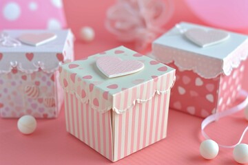 Cute gift boxes with paper hearts on romantic pink background, in the style of shaped canvas, romanti