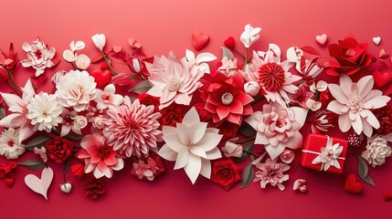 Floral flower bouquet with presents and hearts on pink background, in the style of light white and red