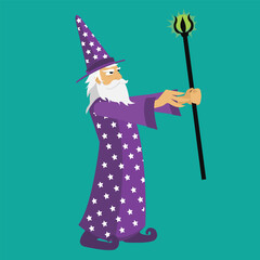 Wizard with fireball and magic staff. Magician doing a magic spell