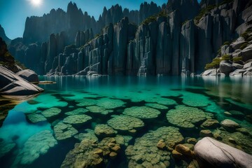 A serene lake surrounded by jagged cliffs made of granite, with underwater rock formations visible through the crystal-clear water, creating a tranquil and surreal scene.