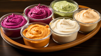 An array of vibrant hummus flavors presented in glass bowls on a round wooden tray.