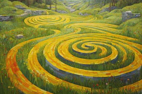 Endless Lawn, Visually Captivating Intricate Design Inspired by Labyrinths, Neo-Impressionist Paintings, and Drawings. Seamless Landscape Oil Painting Canvas, Pointillism and Divisionism