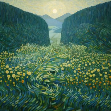 Garden Field of Yellow Flowers, Landscape Drawing in Oil Painting Style. Endless Labyrinths, Neo-Impressionist Paintings, and Drawing Canvas with Pointillism and Divisionism