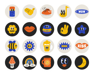 Summer character chat in retro groovy mood. Bundle patch and pack with cool quote slogan. Hippie vector labels in trendy color 90s