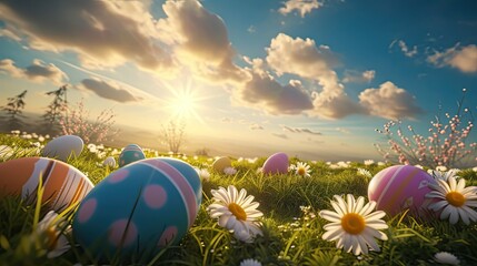 Vibrant Easter Scenery: A Colorful Egg Hunt Amidst a Field of Daisies - obrazy, fototapety, plakaty