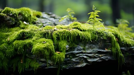 Close-up of moss growing on a log in a damp forest.

