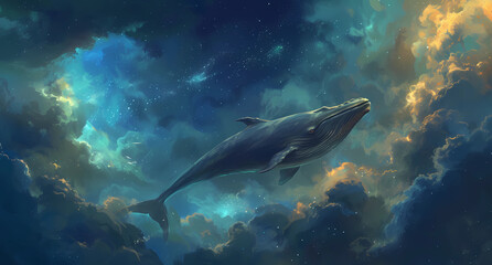 a whale flies through the clouds in the night sky - obrazy, fototapety, plakaty