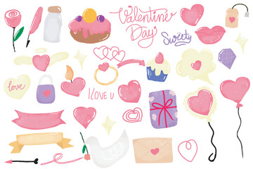 set of watercolor valentine element design. stock element cupcakes, ring, heart, balloon, candle, banner, envelope