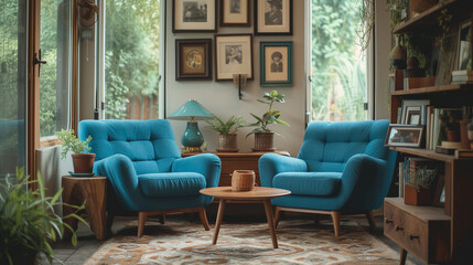 Vintage decor revival. Classic furniture pieces blended with modern room furnishings in a living space. - obrazy, fototapety, plakaty