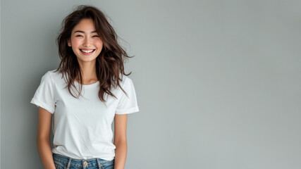 Asian woman wear white t-shirt smile isolated on grey background