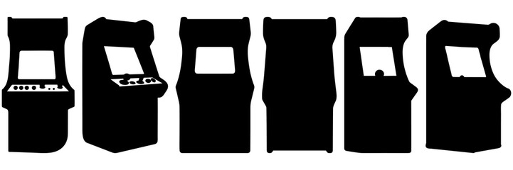 Arcade machine 80s game silhouettes set, large pack of vector silhouette design, isolated white background.