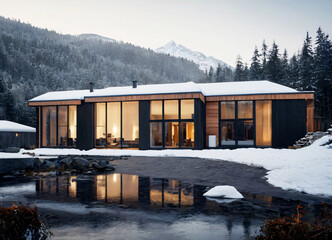 Naklejka premium A wooden house in an eco-friendly location, set against the backdrop of mountains and forest.
