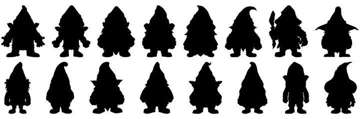 Gnome dwarf elf silhouettes set, large pack of vector silhouette design, isolated white background. - obrazy, fototapety, plakaty