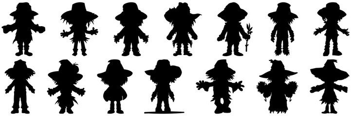 Scarecrow field farm silhouettes set, large pack of vector silhouette design, isolated white background.