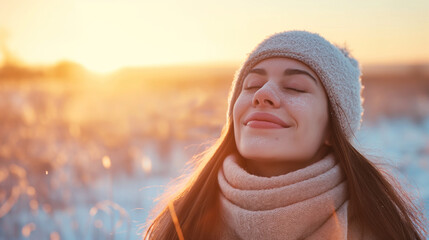 Uma mulher jovem respirando fundo usando roupas de inverno sobre o por do sol  - obrazy, fototapety, plakaty