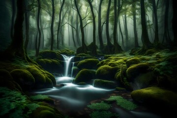 Fototapeta premium Small waterfall flowing into blue lake surrounded by rocks and green trees growing in forest on sunny day, Aerial view of a green valley with a small river in Iceland highlands.