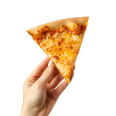 Savoring fast food: A close up photo of a woman’s hand with a delicious slice of Four Cheese pizza, Isolated on Transparent Background, PNG