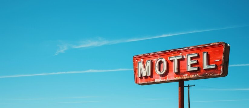 A rectangular red motel sign stands on an electric blue pole against a backdrop of a blue sky with white puffy clouds.