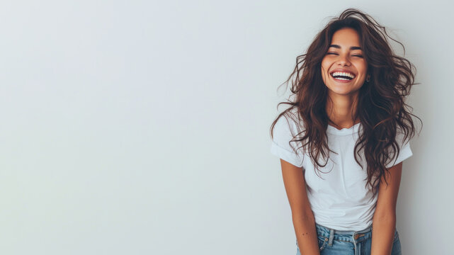 Indian woman wear white t-shirt smile isolated on grey background